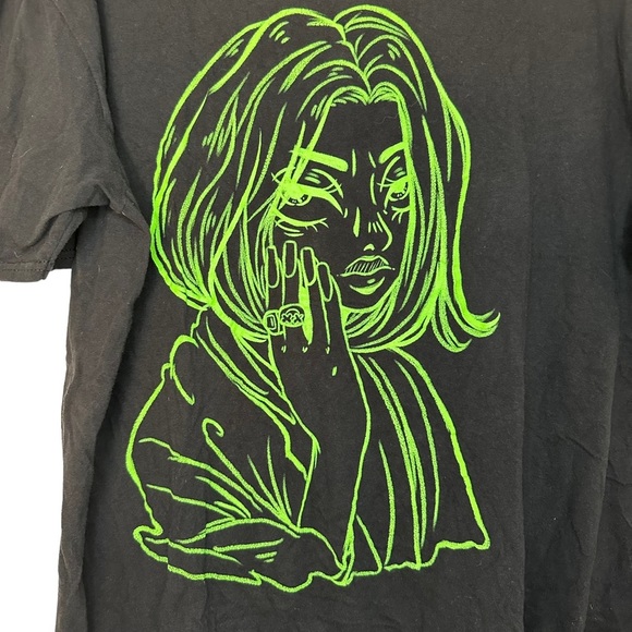 Billie Eilish Green Anime Sketch Boxy Black Music Tour T-Shirt 2021 Size L D548 - Picture 2 of 7